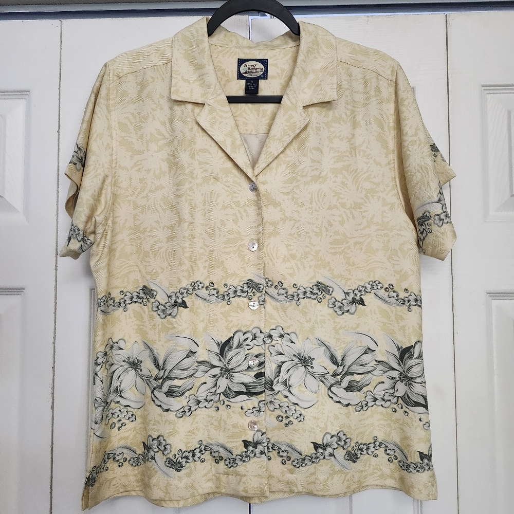 Tommy Bahama‎ Yellow Button Up Collared Gray Floral 100% Silk Size M